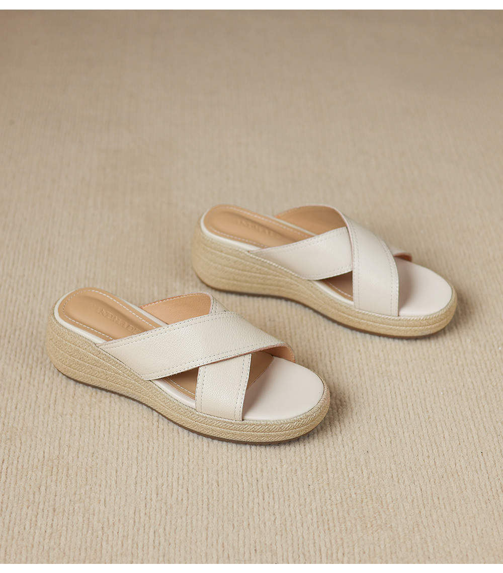 Dép sandal nữ quai chéo hở ngón đế dày da cừu — màu trắng ngà chi tiết 10