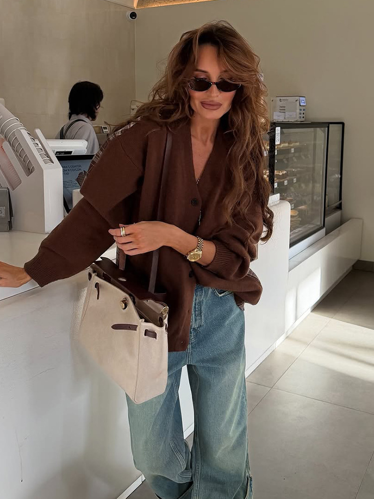 Moda chic casual tejido de lana empalmado atrás cardigan de manga larga estriado 2025 otoño nuevo estilo transfronterizo europeo y americano image 3