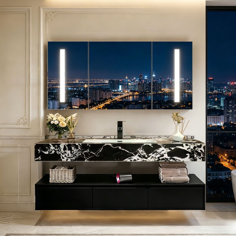 Italian-style light luxury Bulgari black slate seamless integrated basin bathroom cabinet set with washbasin and sink