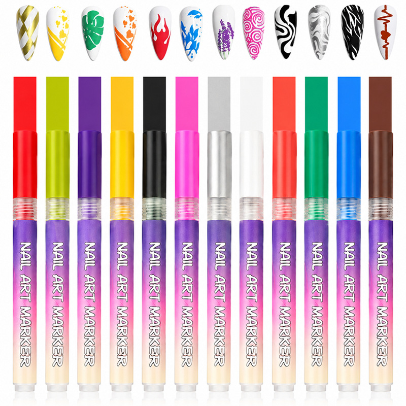 Cross-border 0.5mm needle tip nail art pen, 12-color DIY nail painting pen, quick-dry nail art graffiti pen, line drawing marker pen