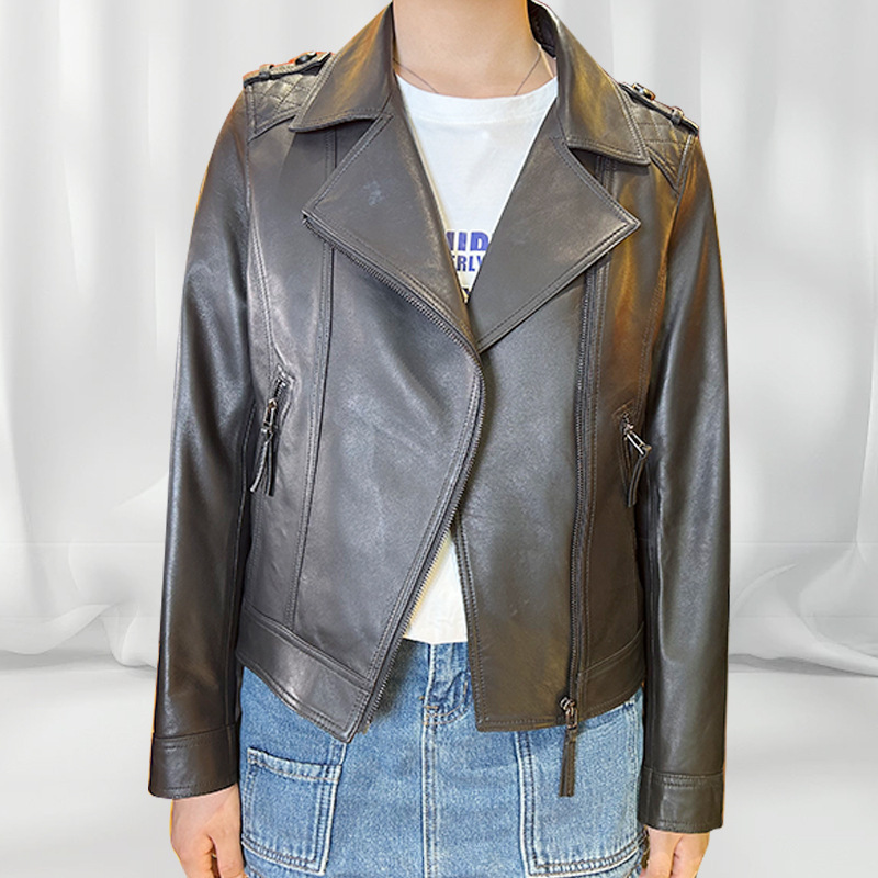 Black Goatskin Jacket Women's Slim Fit 2025 Spring & Fall New Versatile Lapel Motorcycle Leather Jacket Top