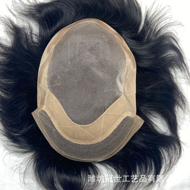 Men's Hairpiece, Fully Hand-Woven, Korean Crochet Front Lace 6x9.1inch B # Natural Black High-End Men's Hairpiece