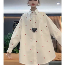 韩版百搭宽松POLO领衬衫女欧洲站2025春秋新款时尚爱心印花衬衣潮