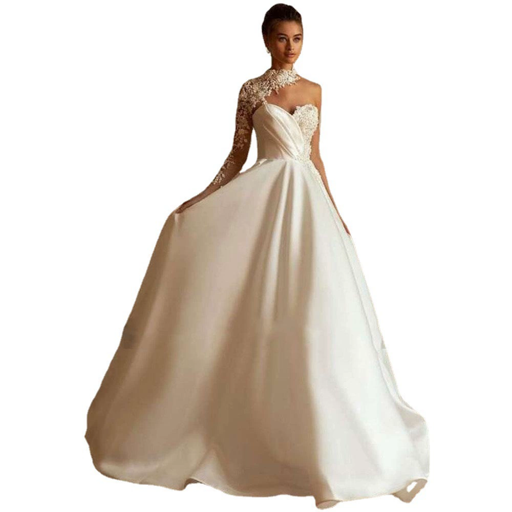 Комбинат Suzhou Foreign Trade Wedding Dress Factory Small tail cock heart collar satin single sleeve activity wedding dress two-wear style