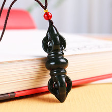 和田玉青玉降魔杵吊坠 男女款民族风个性吊坠黑青玉金刚杵玉挂饰