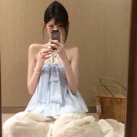 韩系镶钻挂脖无袖背心女夏季蝴蝶结绑带收腰甜美温柔气质露肩上衣