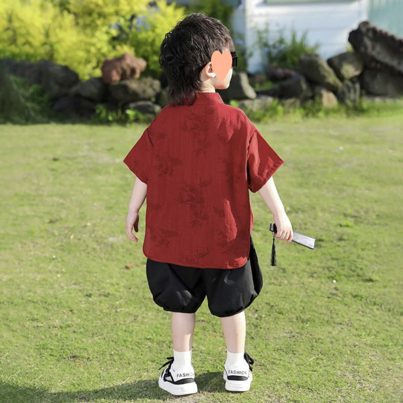 男の子の新しい中国風の漢服と唐服、中型と大型の子供用中華民国風刺繍レトロインターネットセレブ花柄シャツスーツラウンドネックトレンディ|undefined