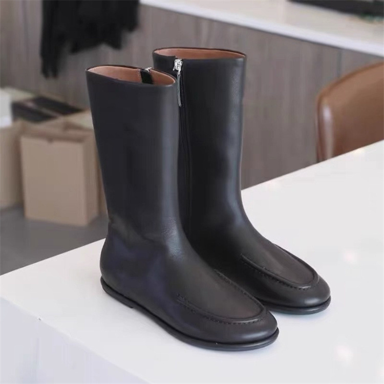 羊皮版~2024秋冬季新款百搭平底圆头简约真皮短靴侧拉链中筒靴女