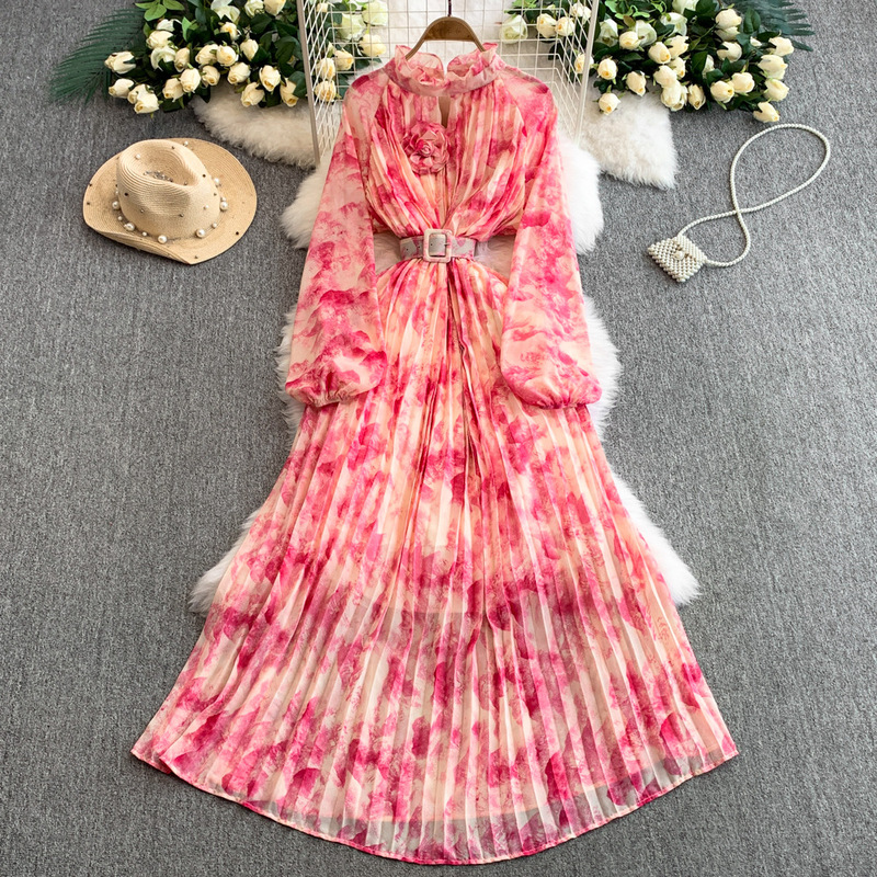 2025 Summer New French Style Wear Women's Niche Lace Collar Waist Pleated Mid-length Printed dress 2025 Summer New French Style Wear Women's Niche Lace Collar Waist Pleated Mid-length Printed dress