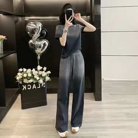 韩系超好印花夏装套装女时尚减龄休闲运动渐变色短袖阔腿裤两件套