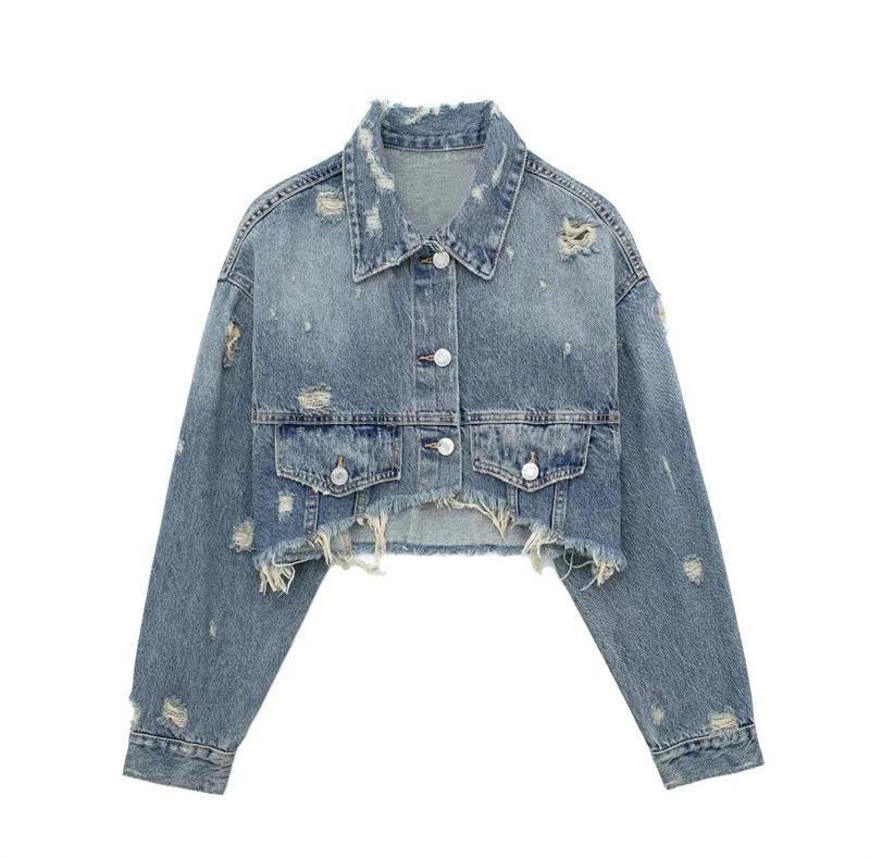 Retro Denim Jacket For Women Long Sleeved Collared Distressed Top_voghion.com