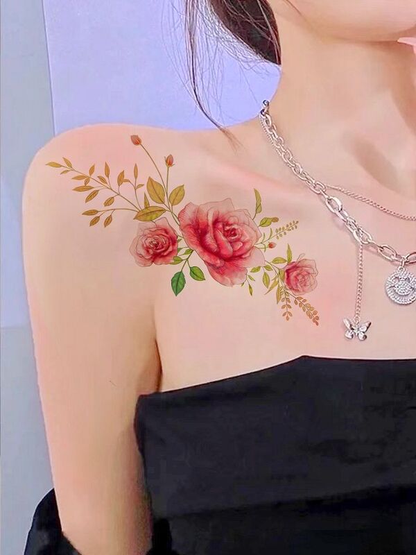 Ins Red Rose Flower Tattoo Sticker Waterproof Women's Lasting Cherry Blossom Sexy Clavicle Arm Body Decal to Cover Scar
