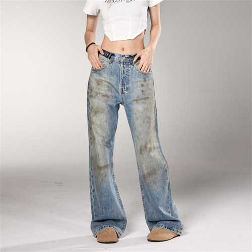 Vintage American Retro Niche Design Men's and Women's Washed Distressed Punk-Chic Wide-Leg Straight Leg Dirty Jeans