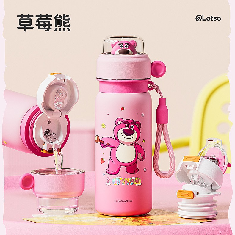 Osos de fresa niños 304 acero inoxidable de alto valor de caricatura taza caliente especial para la escuela doble bebida taza de agua portátil de paja