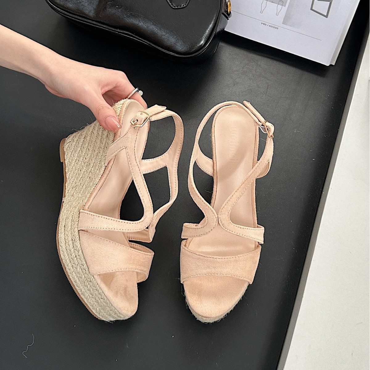 Sandali estivi alla moda da donna con plateau, in corda intrecciata di paglia, punta aperta, impermeabili, con zeppa e tacco altissimo_voghion.com