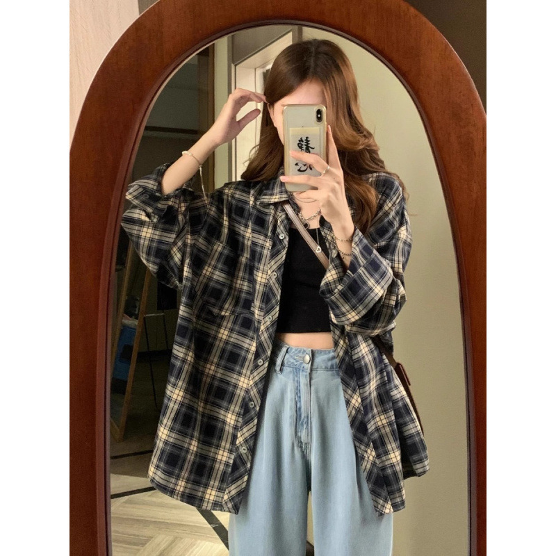 复古格子衬衫女春秋2025年新款衬衣设计感薄款防晒外搭上衣外套女|undefined
