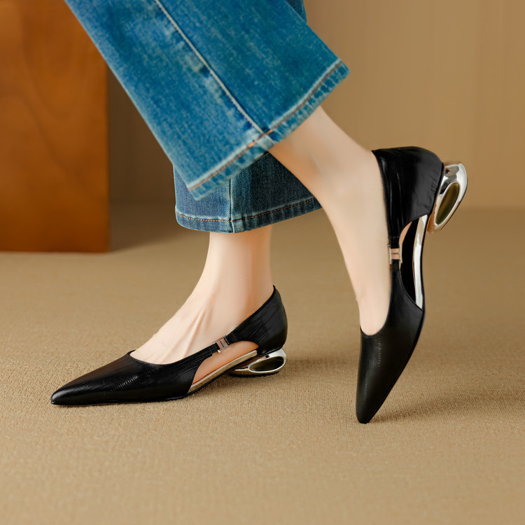 Sandal nữ da cừu mũi nhọn kín mũi gót cao kiểu Pháp — đen, Màu trắng nhạt, xanh xám