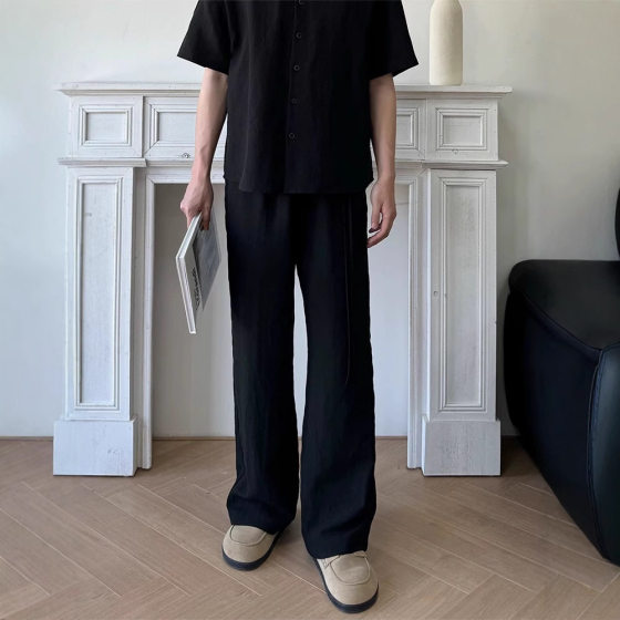 High-quality Linen Tencel Wrinkle Texture Oblique Drawstring Casual Trousers Men's Summer Lightweight Commuting A- line Straight Pants
