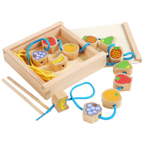 Montessori young children's beaded bead building blocks baby fruit threading wooden rope game educational toys wholesale