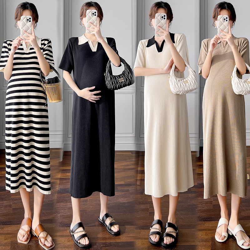 Real Shot Internet Celebrity Maternity Knitted Pregnant Women's dress Korean Style Loose plus size V-neck Pregnant Women's Postpartum Lactation Skirt