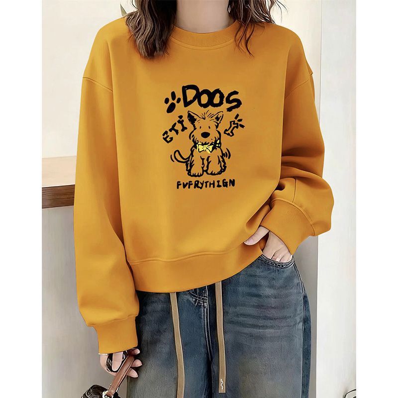 European-Style Yellow Fleece-Lined Round-Neck Printed Sweatshirt for Women, 2026 New Model, Popular for Spring, Autumn, and Winter, Loose Fit for Petite Sizes European-Style Yellow Fleece-Lined Round-Neck Printed Sweatshirt for Women, 2026 New Model, Popular for Spring, Autumn, and Winter, Loose Fit for Petite Sizes