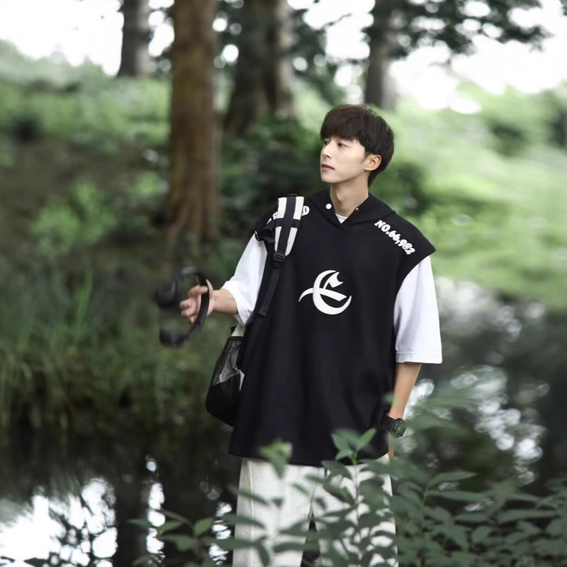 Hooded Vest Men's Basketball Trendy Brand Summer Stylish Fitness Student Trendy Sleeveless Sweatshirt T-Shirt Hooded Vest Men