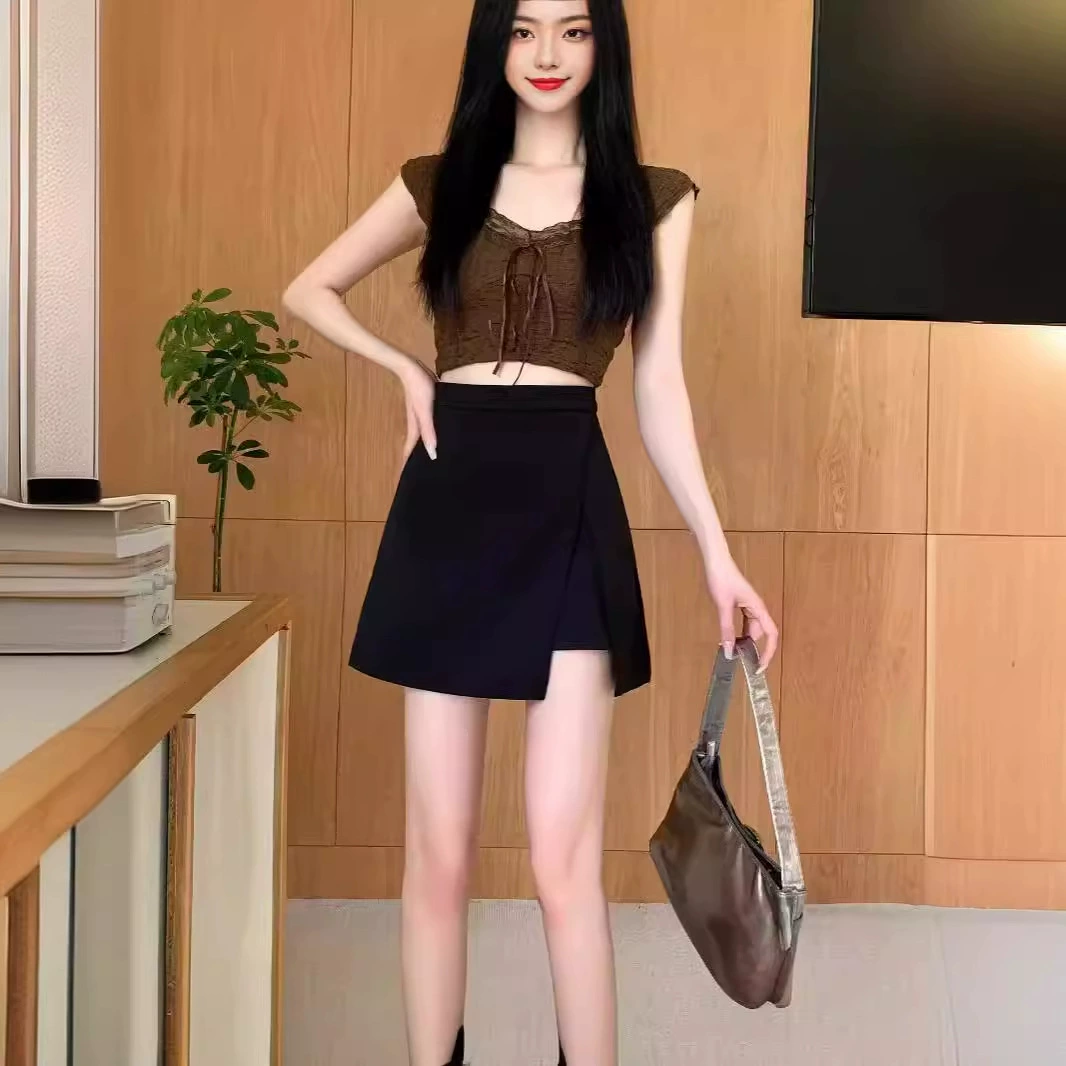 Summer black suit, skirt, mini-skirt, high waist, A-line