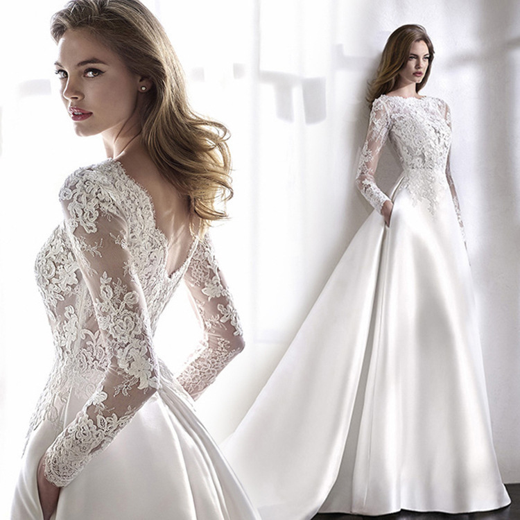 Vestido de boda de encaje nuevo satén de manga larga Europa y América comercio exterior Amazon AliExpress Wish velo ligero vestido de boda adelgazante