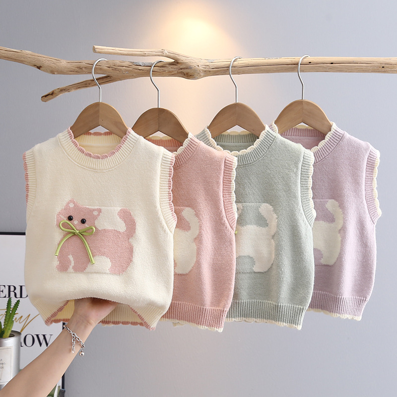 2024 New Style Children's Sweater Round Neck Pullover Girls' Vest Korean Style Baby Knitted Sweater Infant Vest