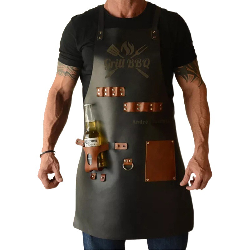 Al aire libre barbacoa delantal pu cuero picnic barbacoa botella de vino cubierta multi-funcional a prueba de aceite delantal de trabajo fábrica al por mayor
