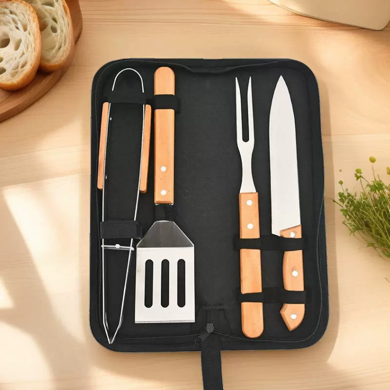 跨境布袋河木柄烧烤具套装 BBQ烧烤工具组合户外家用不锈钢叉铲夹