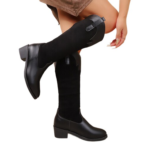 Women's New Autumn/Winter Popular Western Cowboy Boots Knee-Less Pile Boots Retro Black Slim Heel Skinny Long Boots