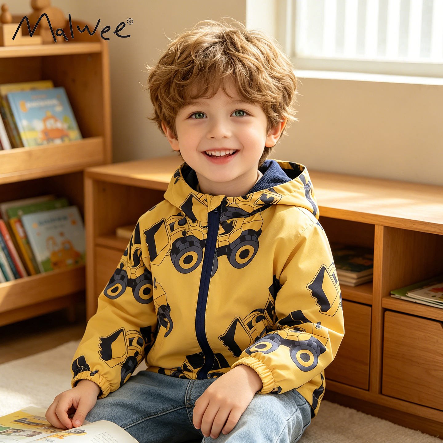 Malwee boys' trench coat, new spring and autumn style, European and American style, hooded zip-up cardigan for toddlers, stylish children's clothing