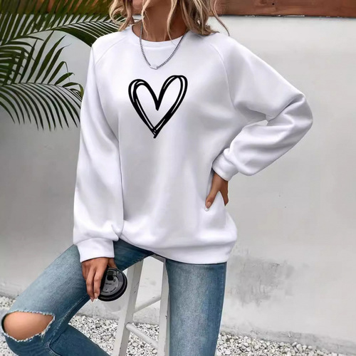 Women's Cozy Plush Crewneck Long-Sleeve Sweatshirt with Heart Print, a Hot Selling Item in Europe and America