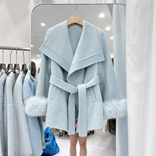 斯卡露2025新款秋冬中长款毛呢大衣高级狐狸毛纯色斗篷毛呢外套