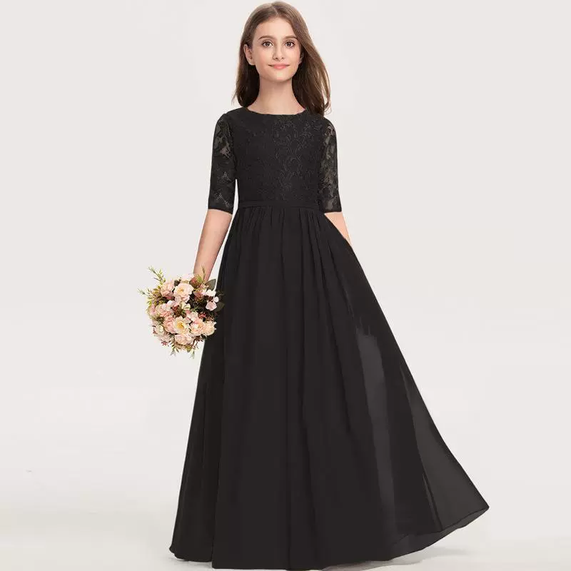 Детское длинное черное сценическое платье для фортепиано, платье принцессы для выступления на виолончели, летнее платье