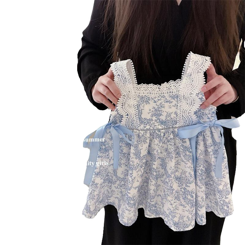 Vestido de bebé de siete meses de limón salado, falda de chaleco de encaje de encaje de lazo de porcelana azul y blanca de niña coreana