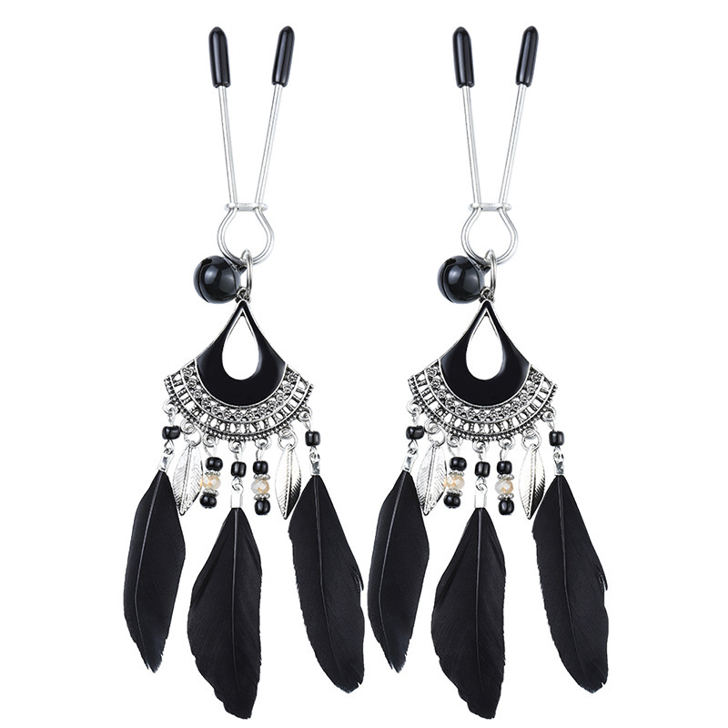 Vintage Metal Nipple Clamps with Feather Tassels, Bohemian Style Pair — detail image 7