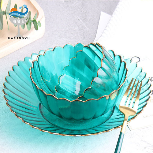 Sea crystal jade Nordic style transparent lace glass bowl gold rim colorful fruit dessert salad bowls and plates tableware set