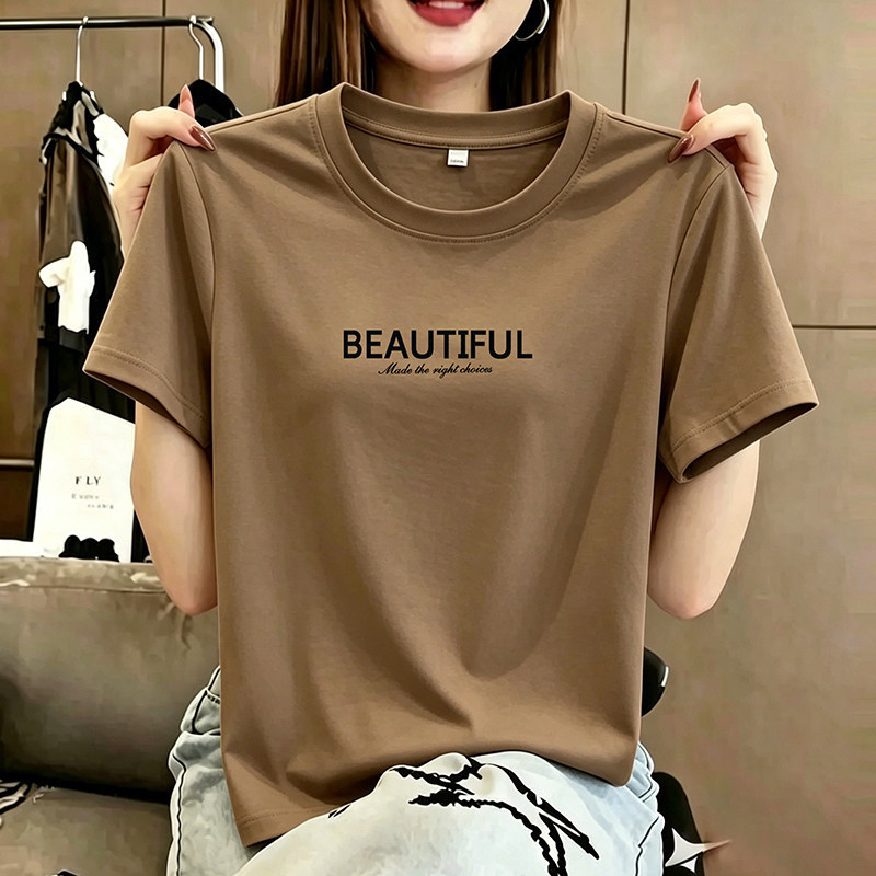 Pure cotton thin short-sleeve women's t-shirt, regular shoulder, round neck, 2026 summer new style, loose fit, casual fashion top for petite women Pure cotton thin short-sleeve women's t-shirt, regular shoulder, round neck, 2026 summer new style, loose fit, casual fashion top for petite women