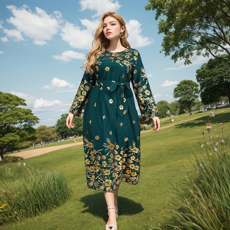 亚马逊美国中东新款长袖印花加肥大码连衣裙跨境长裙200斤可穿