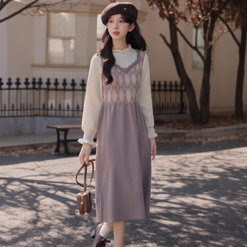 学院风文艺复古假两件连衣裙女千金风木耳领气质收腰针织打底裙