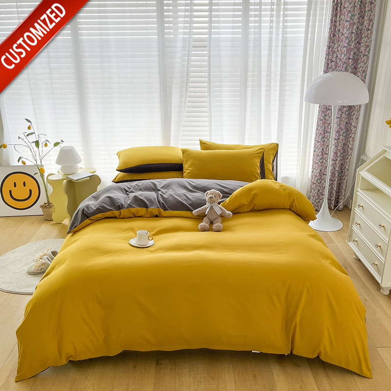 Juego de sábanas de algodón lavado cepillado de cuatro piezas, estilo primavera y otoño, color liso sencillo, juego de cama de alta gama, lujo personalizado al por mayor.