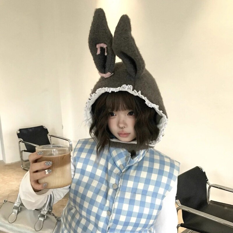 甜美可爱兔子耳朵毛绒帽子女秋冬保暖护耳雷锋帽显脸小加厚套头帽|undefined