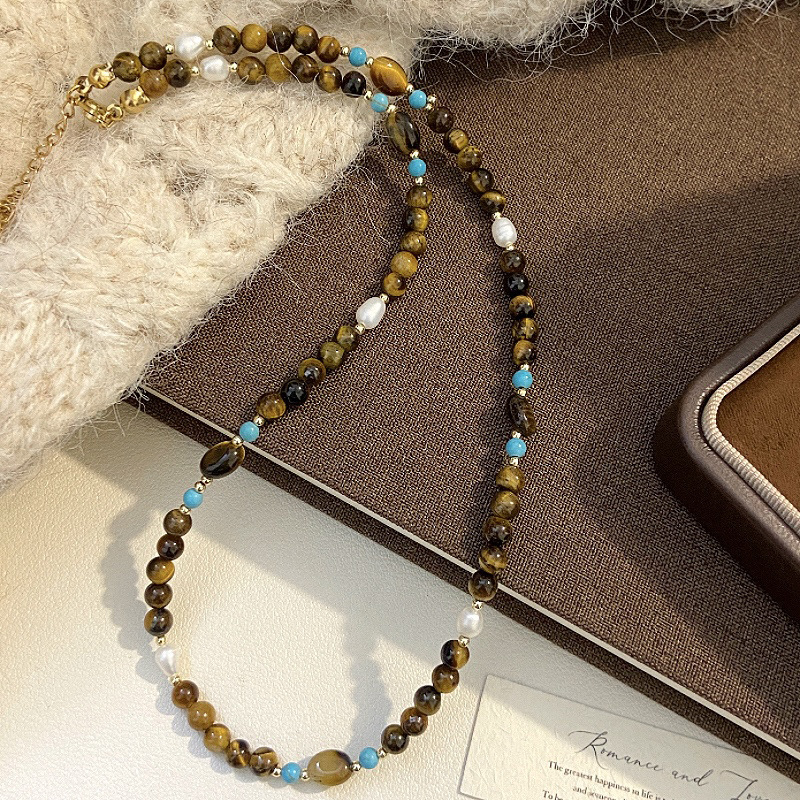 天然虎眼石淡水珍珠绿松色天然石串珠项链手链女设计感颈链手饰|undefined