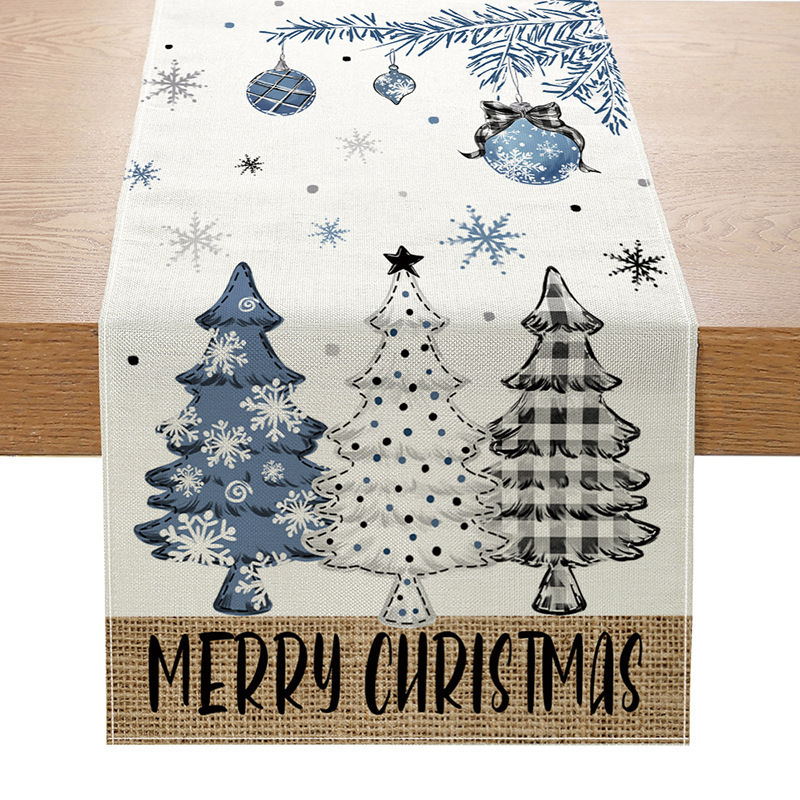 Camino de mesa navideño con estampado de muñeco de nieve y Santa