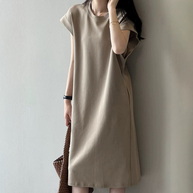 Japanese and Korean Casual Summer Plus-Size Flutter Sleeve Dress French Anti-Exposure Loose Niche Mid-Length T-Shirt Dress for Women