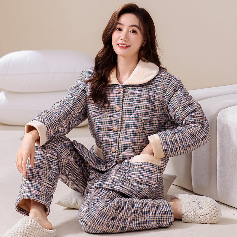 睡衣女冬加厚保暖三层夹棉开衫翻领可外穿简约女士棉袄家居服套装