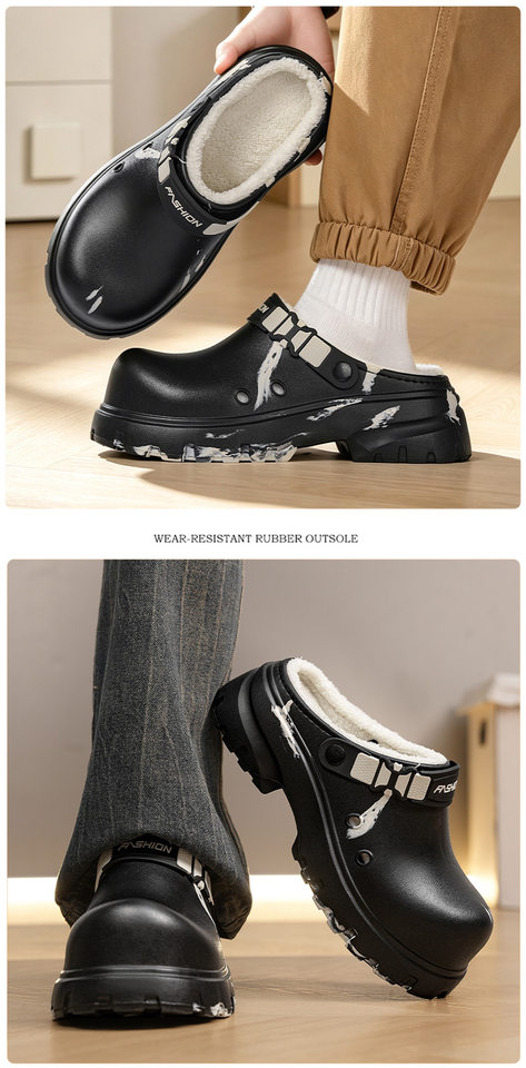 Dép bông nam bít mũi lót lông dày giữ ấm, đế dày tăng chiều cao chống trượt — D2206 màu kaki, D2206 màu đen chi tiết 14