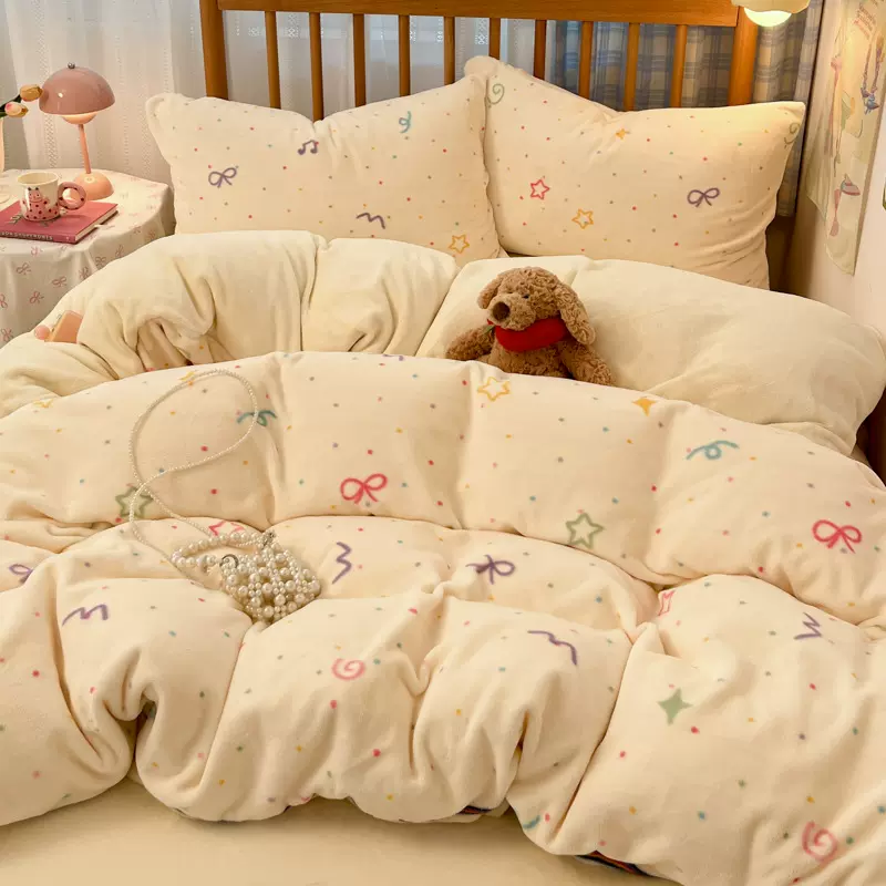 冬季加厚牛奶绒被套印花四件套保暖宿舍床单三件套单品家用珊瑚绒